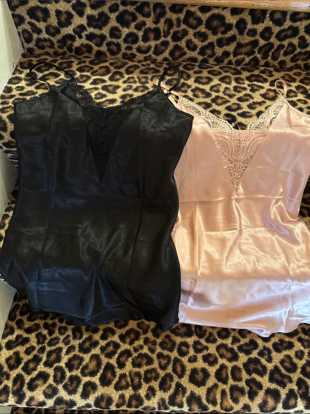 Silky Lace-Trim Cami Slips/Nightie— Black & Blush Pink (Set of 2)